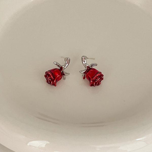 Silver Needle Rose Flower Stud Earrings