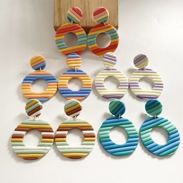 Aggregate Brickearth Polymer Clay Earrings Rainbow Bar Multicolor Art