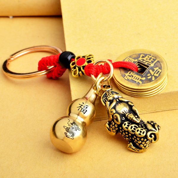 Brass Gourd Zodiac Keychain Vintage Pi Xiu Pendant Qing Dynasty Five Emperors' Coins Free Cinnabar Small Jewelry Factory Wholesale