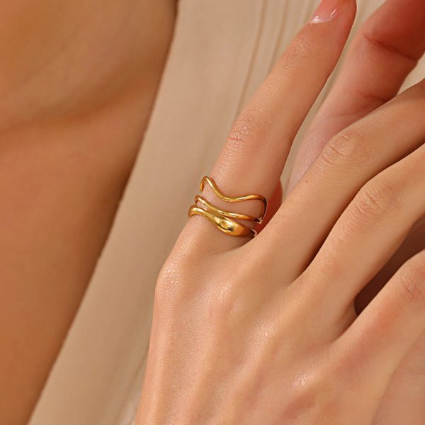 Three-layer Corrugated Stainless Steel Ring Female Popular 18K Gold-plated Line Adjustable Ring