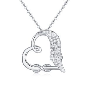 Sterling Silver Guardian Angel Wings Heart Shape Infinity Symbol Pendant Necklace For Women And Girls