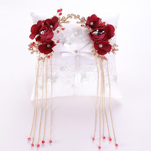 Bridal fabric headdress red flowers Chinese hairpin