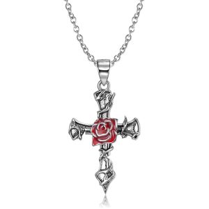 S925 Sterling Silver Jewelry Thorn Rose Cross Necklace