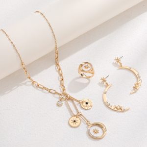 Star And Moon Necklace Earrings Ring Set Women