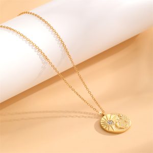 Diamond Sun Moon Round Pendant Fine Necklace