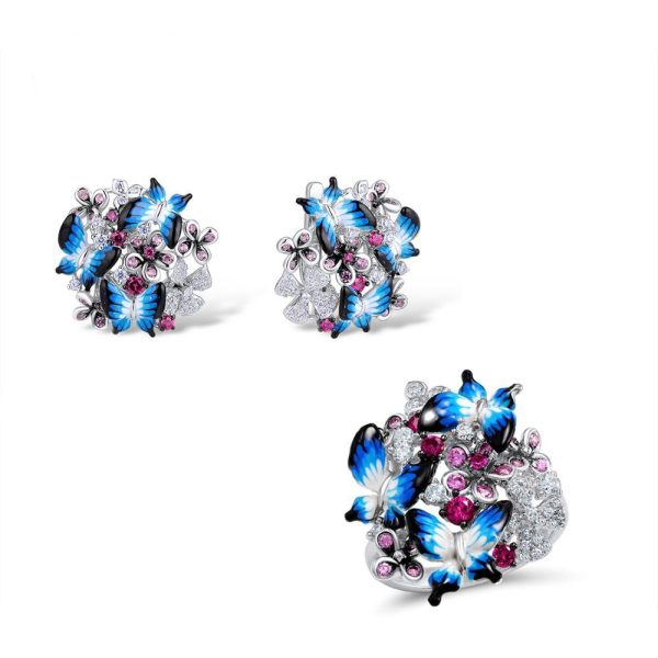 Three Butterflies Epoxy Baking Lacquer Micro-inlaid Zircon Earrings European And American Enamel Engagement