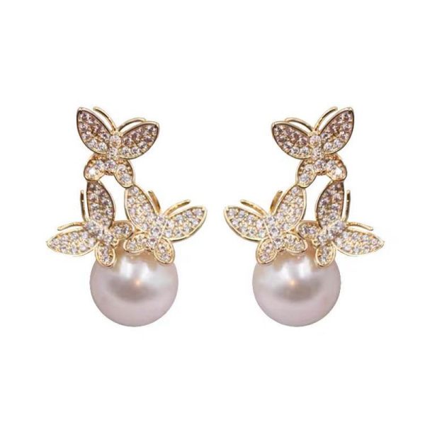 925 Silver Needle Rhinestone Butterfly Pearl Stud Earrings High Quality Light Luxury Fashion Earrings