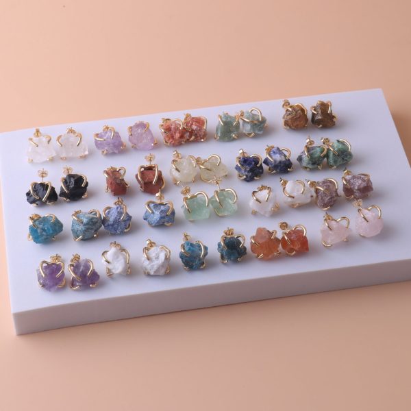 Gold-plated Four-claw Irregular Stone Rough Stone Stud Earrings For Women