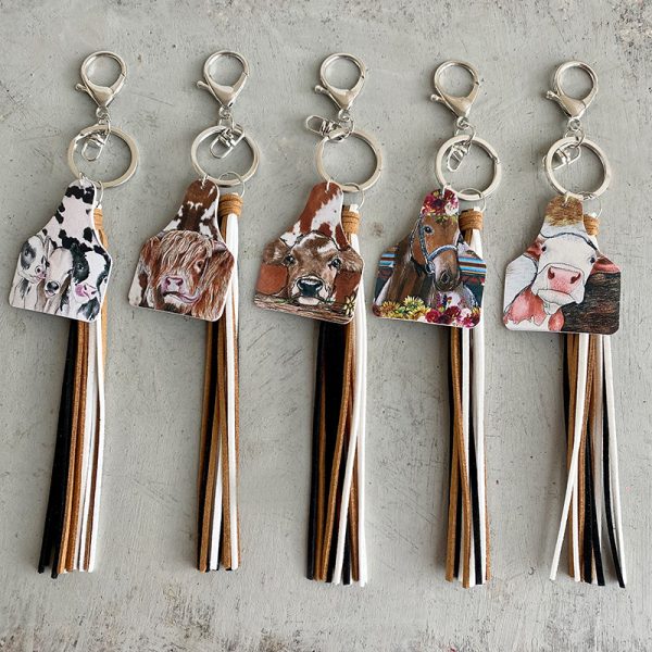 Western Farm Style Leather Key Chain Cow Horse Deer Cow Brand-shaped Leather Tassel