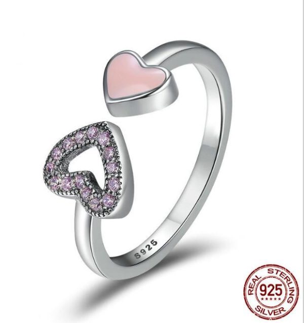 925 Sterling Silver Heart to Heart Enamel & Clear CZ Finger Ring