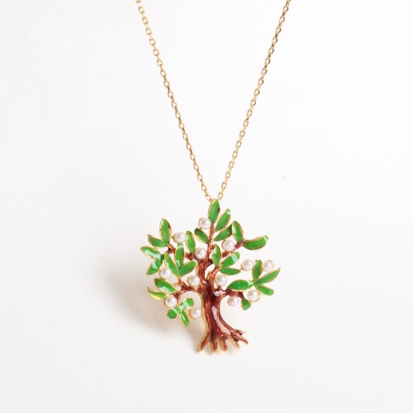 18K Gilded Enamel Green Tree Pendant Long T-shirt Decorative Chain Sparkling Necklace For Women