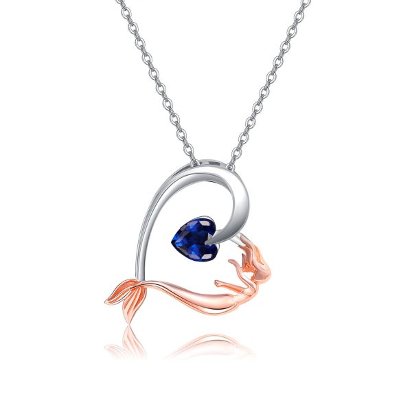 925 Sterling Silver Mermaid Heart Necklace with Blue Heart Crystal