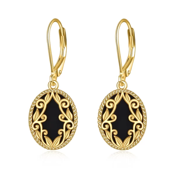 Gold Plated Black Agate Sterling Silver Drop Dangle Earrings Jewelry Gift for Women