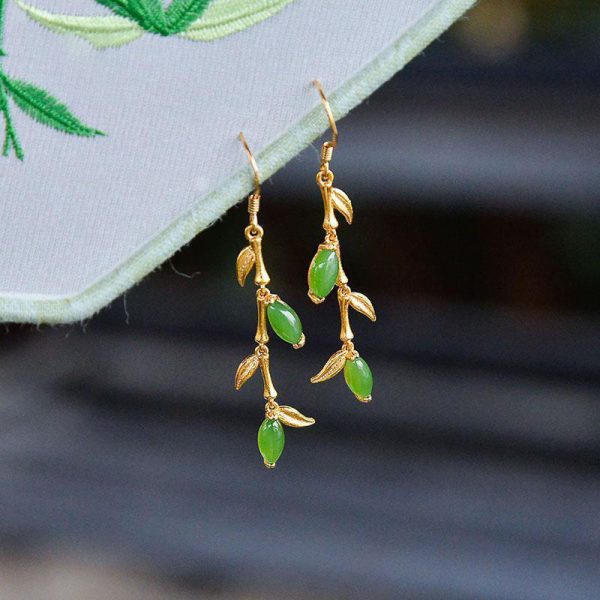 Natural Hetian Jade Green Jade Willow Leaf Earrings S925 Sterling Silver