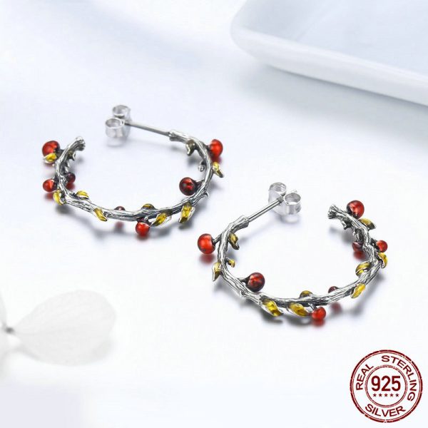 925 Sterling Silver Autumn Plant Withered Tree Leaves Hoop Earrings