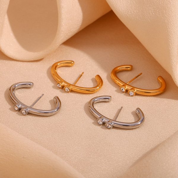 Simple Fashion Personality Stainless Steel 18K Gold Plating Creative Micro-inlaid C- Shaped Ear Studs