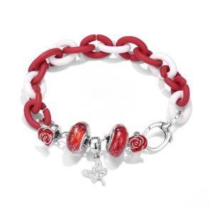 Bright Red Flower Theme 925 Sterling Silver Rubber Girls Finished Diy Bracelet Beads X Bracelet