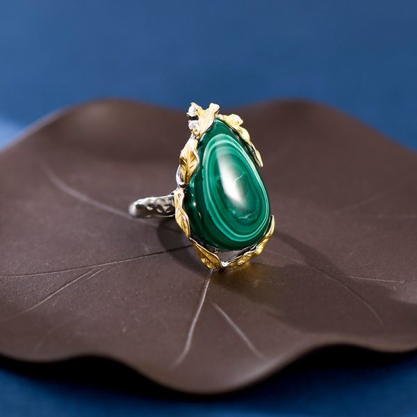 S925 Silver Tree Leaf Edge Inlaid Malachite Ring