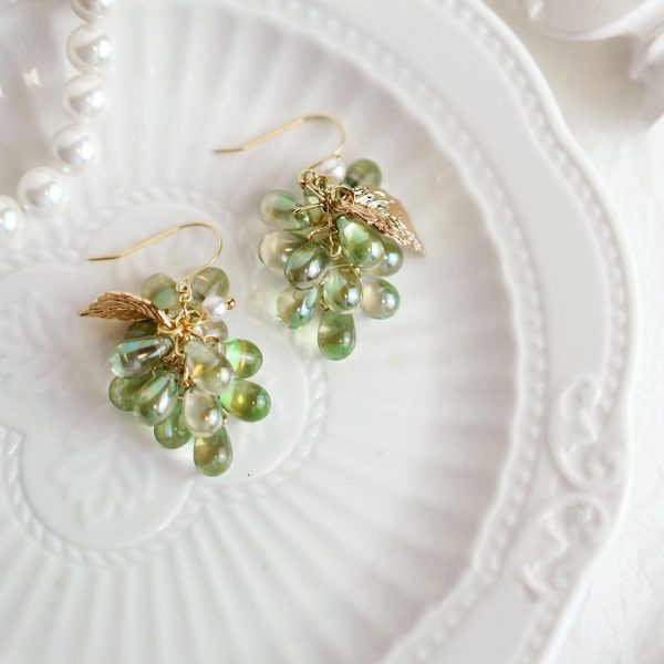 Qingti Premium Green Grape Glass Vintage Style Earrings 925 Sterling Silver