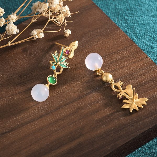 Asymmetric Lotus Natural Chalcedony Earrings
