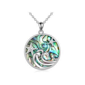 Sterling Silver Ocean Wave Abalone Shellfish Necklace Starfish Pendant Ocean Jewelry