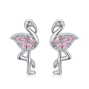 Pink Flamingo CZ Stud Earrings in White Gold Plated Sterling Silver