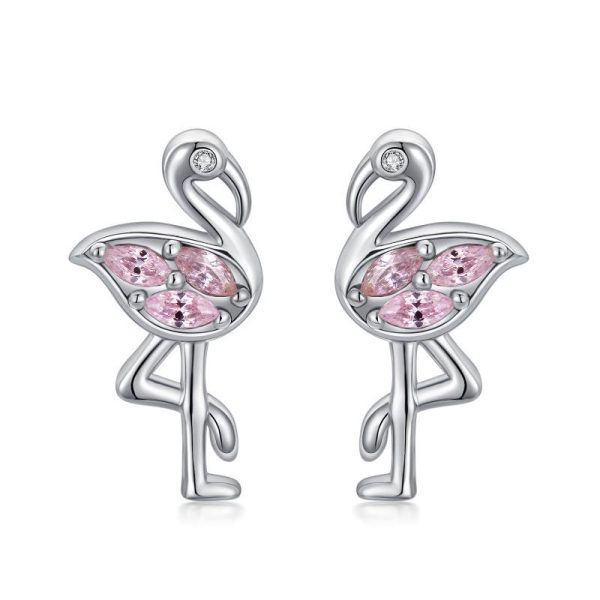 Pink Flamingo CZ Stud Earrings in White Gold Plated Sterling Silver