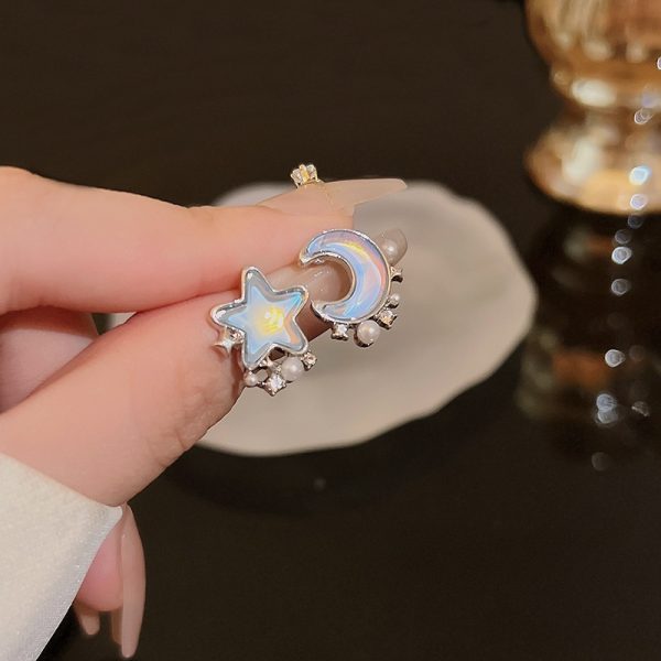 Blue Star Moon Pearl Stud Earrings Female Niche Design Temperament Personality