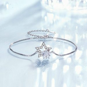 Double Circles Star S925 Sterling Silver White Gold Plated Five-pointed Star Ornament Bracelet