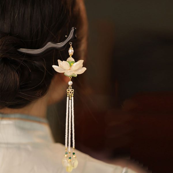 Antique Mahogany Lotus Pearl Tassel Hairpin Hair Clasp