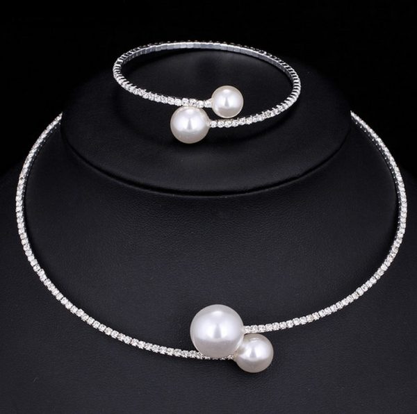 The bride wedding accessories crystal pearl diamond drill collar Necklace Bracelet Adjustable two piece suit