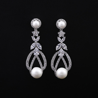 Zircon pierced pearl earrings earrings female 925 silver white gold zircon earrings pearl earrings
