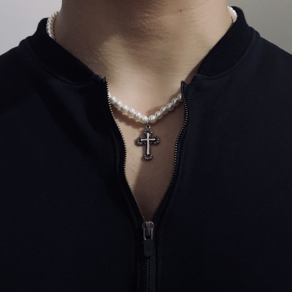 Cross Pearl Necklace For Men And Women Trendy Light Luxury