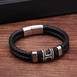 Retro Style High Quality Stainless Steel Ring H Accessories Genuine Leather Charm Accessories Men Women Bracelet