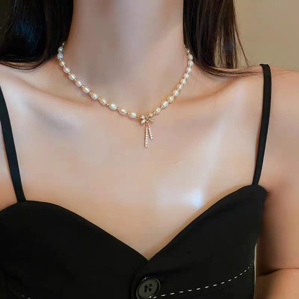 Zircon Pearl Bow Neck Chain Necklace Pendant