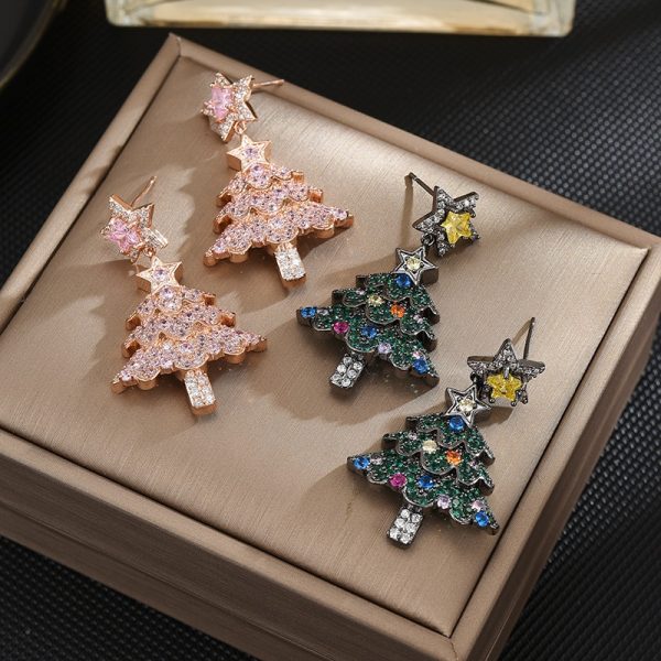 Sterling Silver Stud Micro Inlaid Zircon Christmas Tree Exquisite And Versatile Earrings For Women