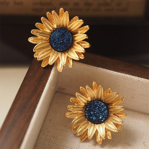 Sunflower Ear Clip Vintage Distressed Gold Plated