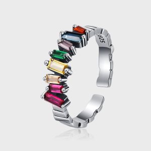 S925 Sterling Silver Colorful Ladder Zircon Ring Women's Irregular Inlay Women's