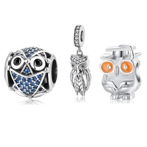 S925 Sterling Silver Beads Cute Animal Big Eye Owl DIY Bracelet Accessories Beaded Silver Jewelry