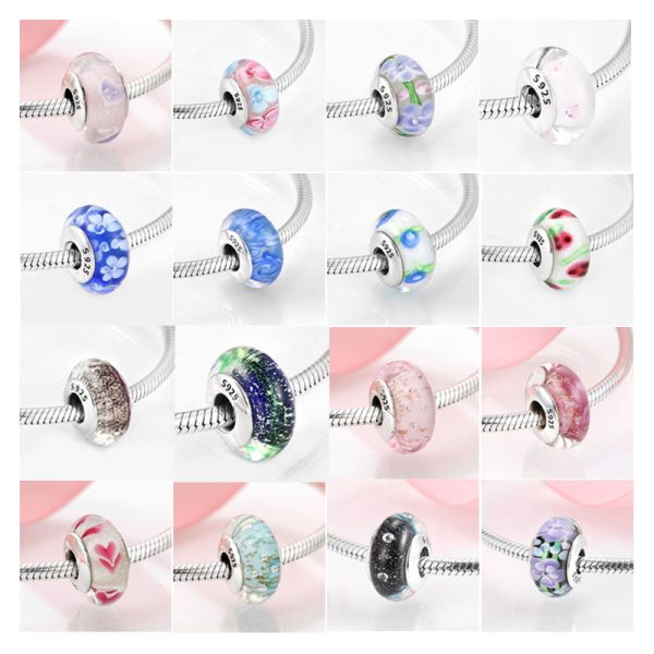 Petal Color Love Glass Beads S925 Silver Beads Women's Bracelet Diy Accessories Loose Beads