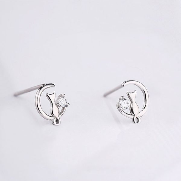 Women's Sterling Silver Moon Cat Stud Earrings Simple Rhinestone