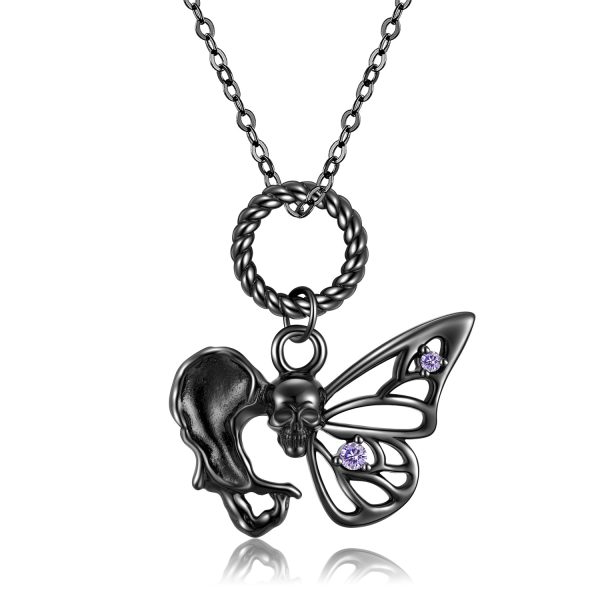 S925 Sterling Silver Electroplated Black Gold Skull Butterfly Necklace