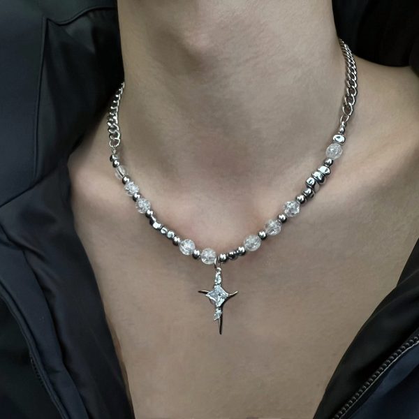 Irregular Cross Necklace Ice Crack Beads Titanium Steel