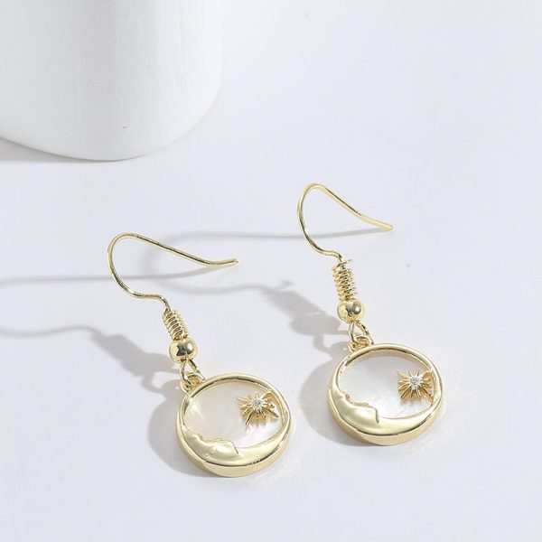 Zircon Gold Earrings Sun Moon Shell Ornament 14k Real Gold Copper Jewelry