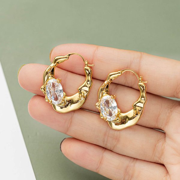 Zircon Irregular Brass Electroplated Real Gold Ear Clip Small High Sense Retro French Earrings