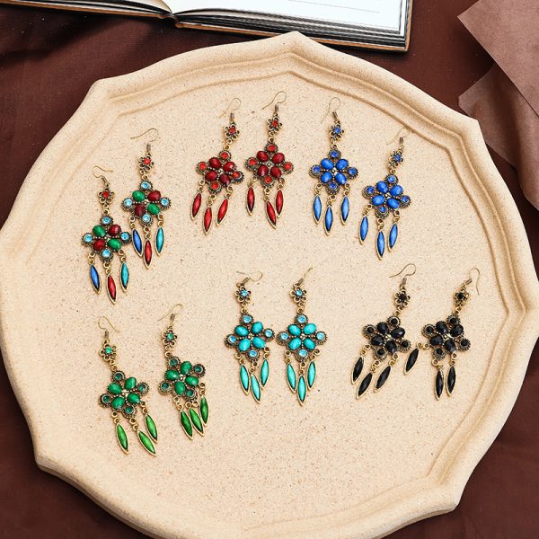 New Retro Ethnic Style Accessories Diamond Hole Blue Long Fringe Earrings Women