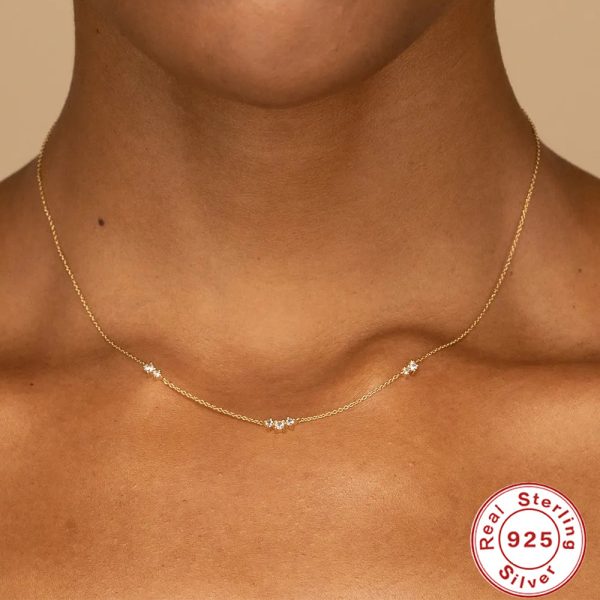 Fashion S925 Sterling Silver Simple Triple Diamond Twin Clavicle Necklace