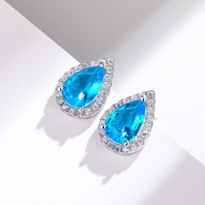 S925 Sterling Silver Water Drop Sea Blue Zirconium Stud Earrings Simple