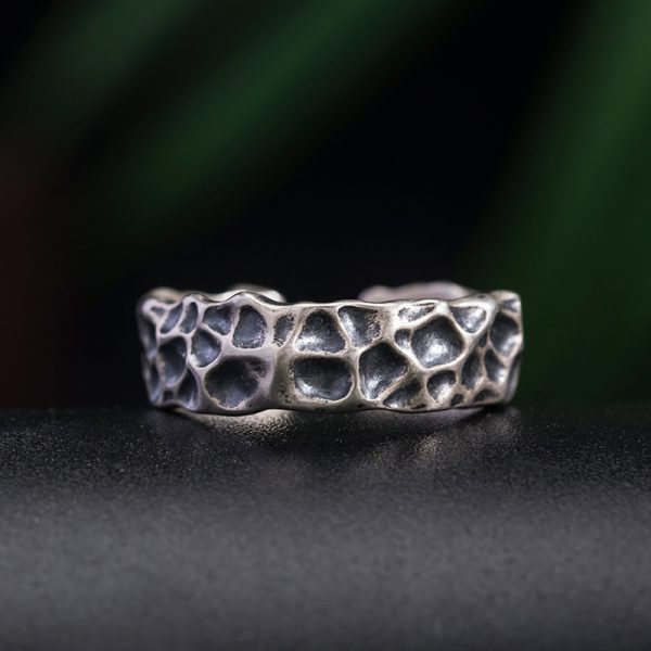 S925 Silver Vintage Thai Silver Simple Hammer Pattern Ring