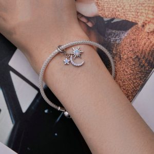 Sterling Silver S925 Sun Moon Star Pendant Bracelet